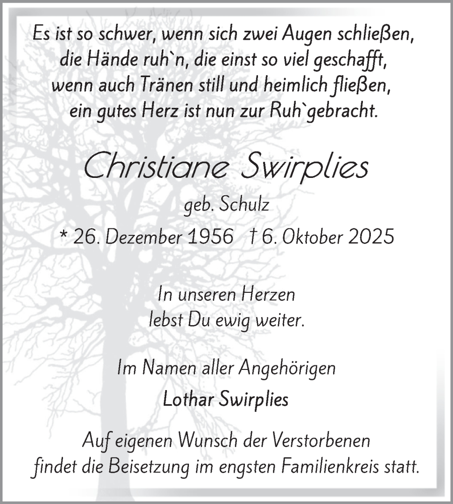 Traueranzeige für Christiane Swirplies vom 18.10.2025 aus Volksstimme Burg/Genthin