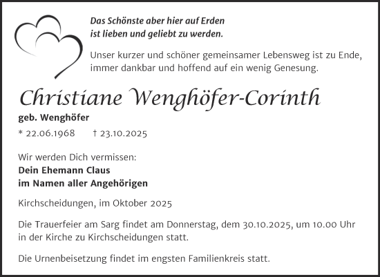 Traueranzeige von Christiane Wenghöfer-Corinth von Naumburger Tageblatt