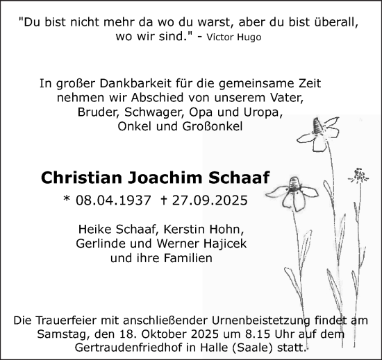 Traueranzeige von Christian Joachim Schaaf von Mitteldeutsche Zeitung Halle/Saalkreis