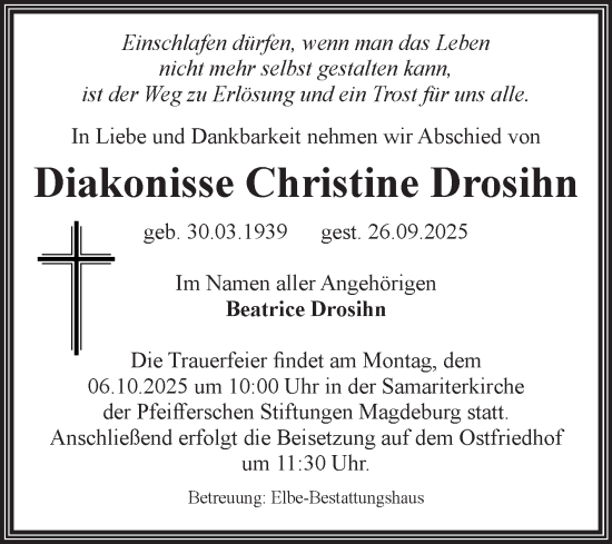Traueranzeige von Christine Drosihn von Volksstimme Magdeburg