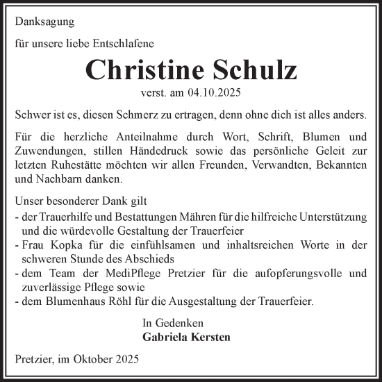 Traueranzeige von Christine Schulz von Volksstimme Altmark West