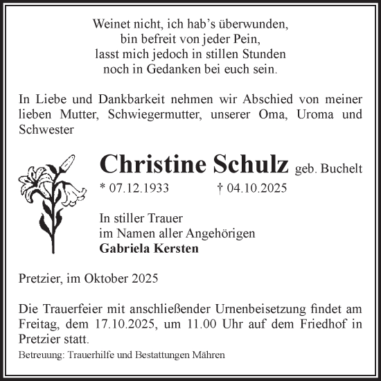 Traueranzeige von Christine Schulz von Volksstimme Altmark West
