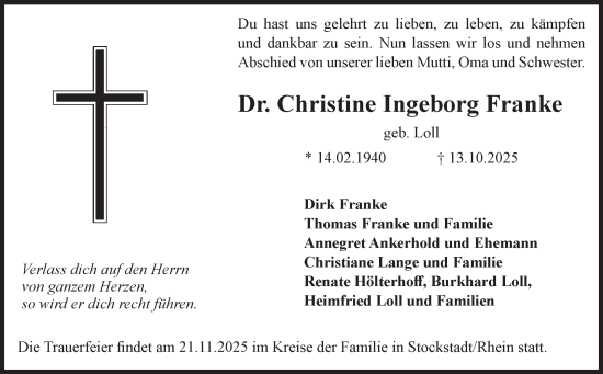 Traueranzeige von Christine Ingeborg Franke von Volksstimme Altmark Ost
