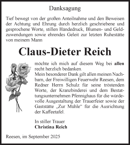 Traueranzeige von Claus-Dieter Reich von Volksstimme Burg/Genthin