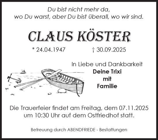 Traueranzeige von Claus Köster von Volksstimme Magdeburg