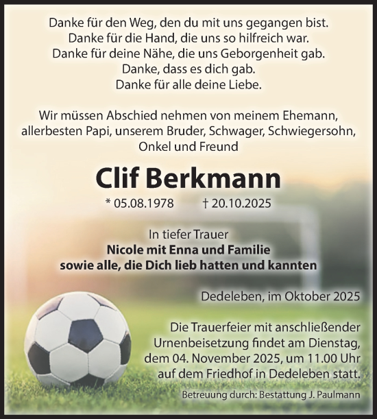 Traueranzeige von Clif Berkmann von Volksstimme Halberstadt