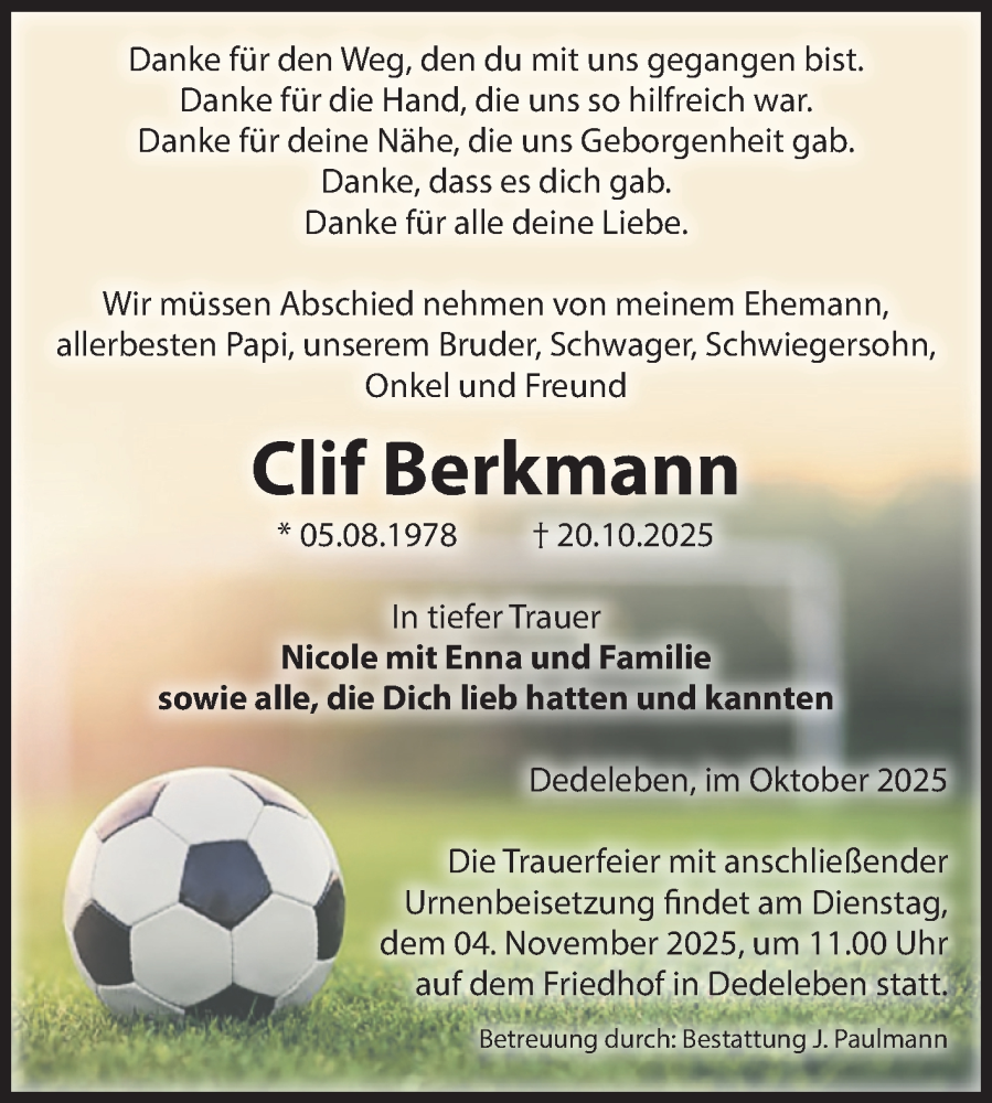  Traueranzeige für Clif Berkmann vom 25.10.2025 aus Volksstimme Halberstadt