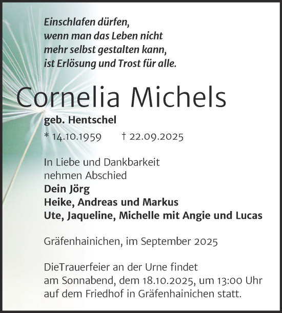 Traueranzeige von Cornelia Michels von Trauerkombi Wittenberg
