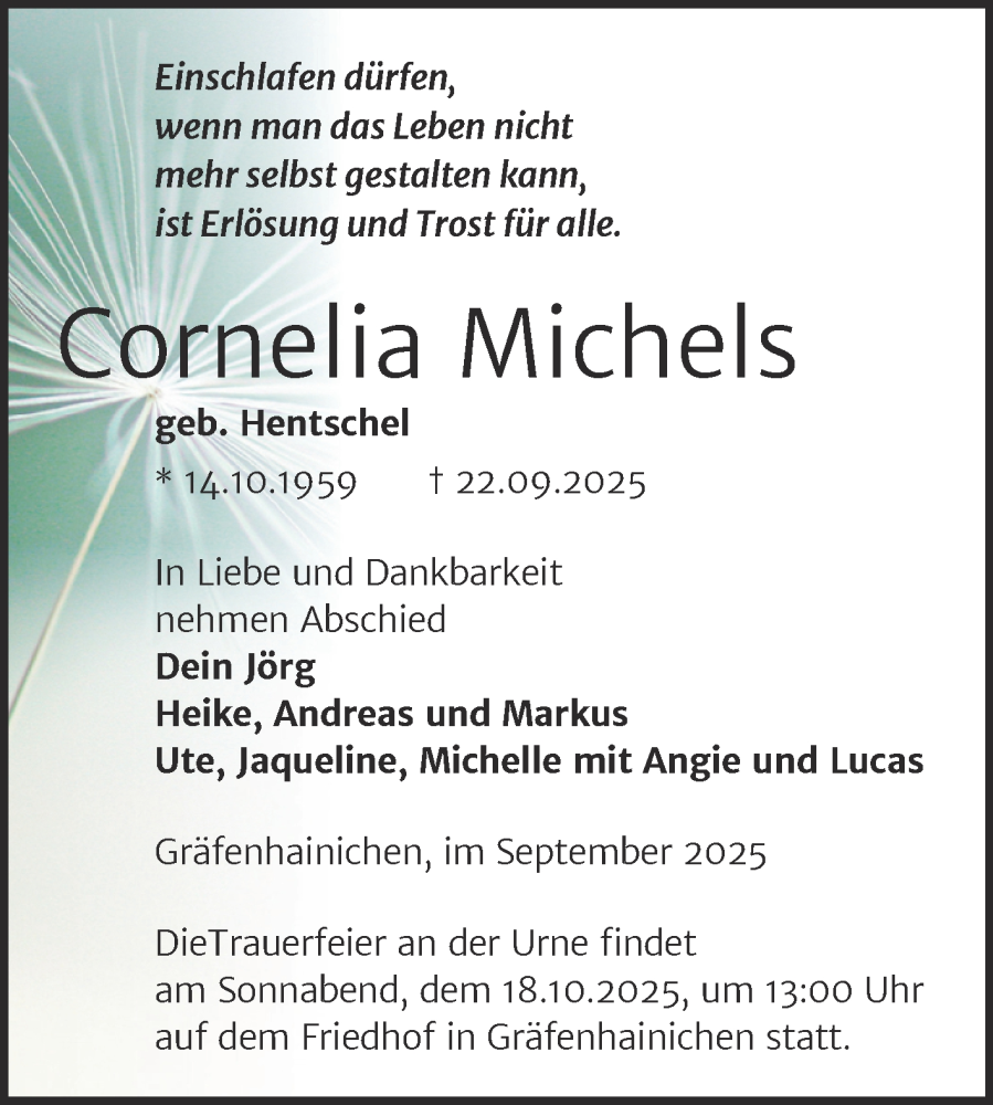  Traueranzeige für Cornelia Michels vom 04.10.2025 aus Trauerkombi Wittenberg