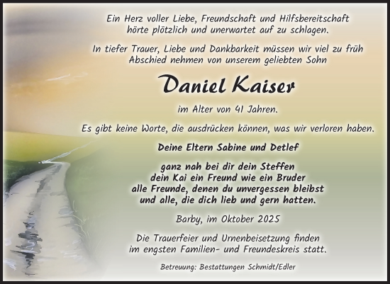 Traueranzeige von Daniel Kaiser von Volksstimme Schönebeck