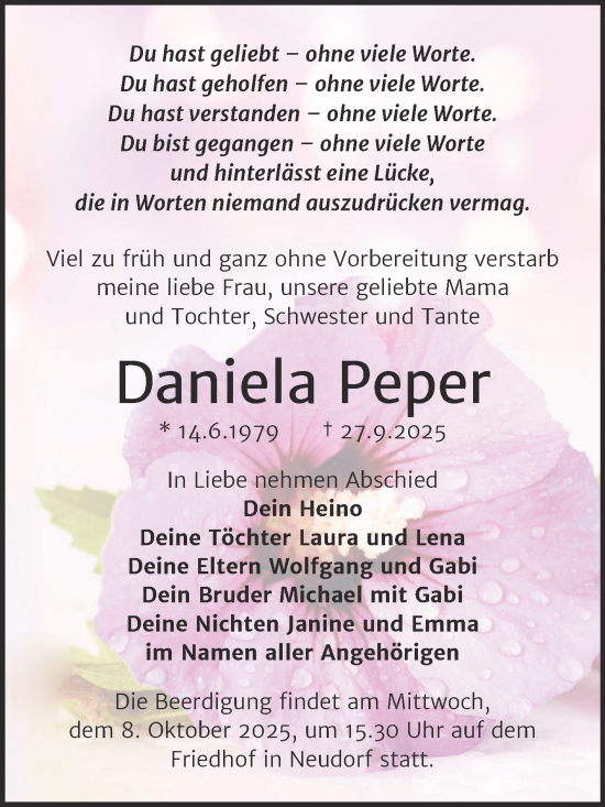 Traueranzeige von Daniela Peper von Trauerkombi Quedlinburg