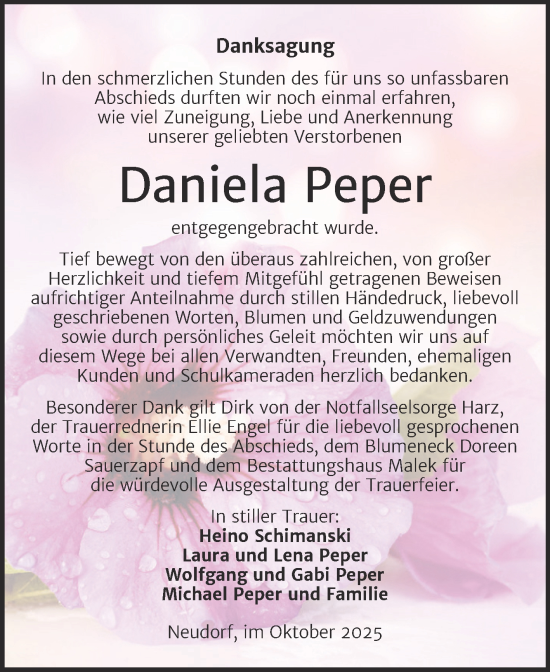 Traueranzeige von Daniela Peper von Trauerkombi Quedlinburg