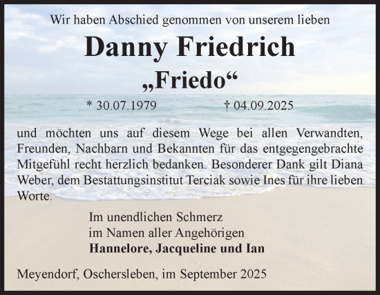 Traueranzeige von Danny Friedrich von Volksstimme Oschersleben/Wanzleben