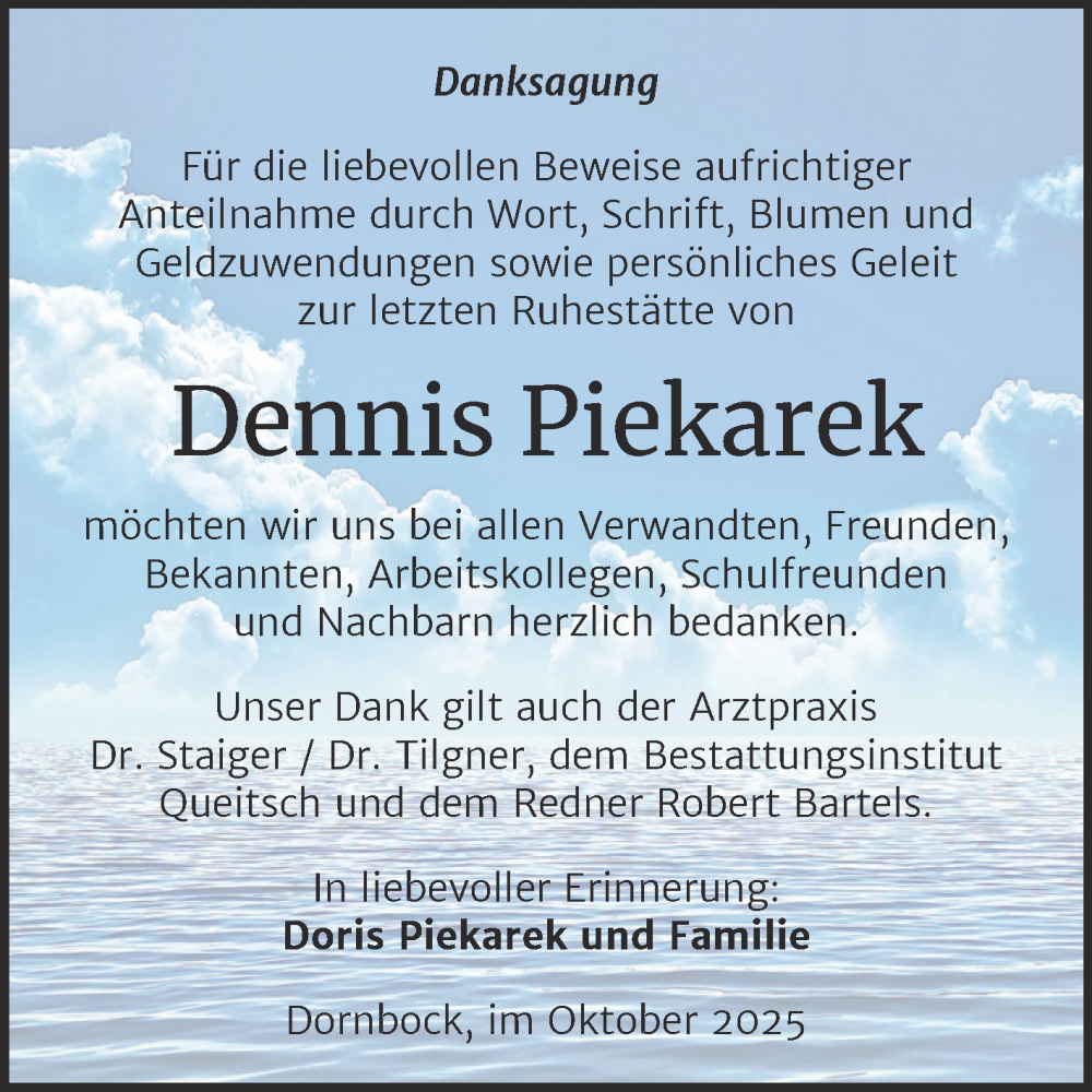  Traueranzeige für Dennis Piekarek vom 18.10.2025 aus Trauerkombi Köthen