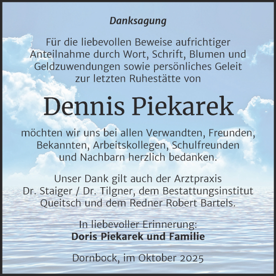 Traueranzeige von Dennis Piekarek von Trauerkombi Köthen