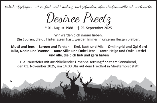 Traueranzeige von Desiree Preetz von Volksstimme Altmark West