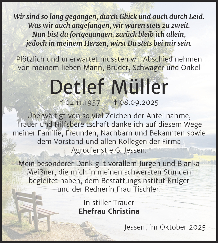  Traueranzeige für Detlef Müller vom 18.10.2025 aus Super Sonntag Wittenberg