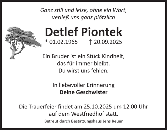 Traueranzeige von Detlef Piontek von Volksstimme Magdeburg