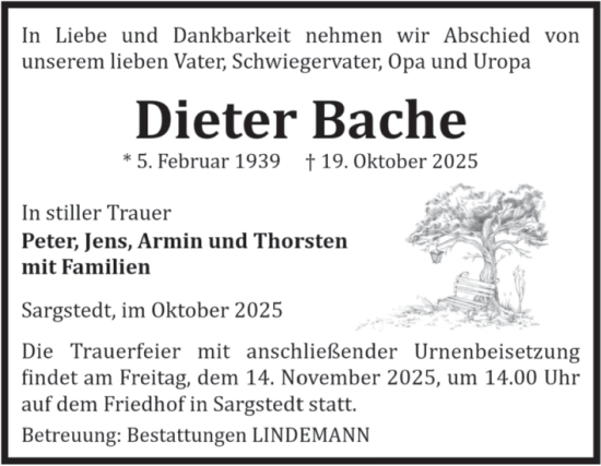 Traueranzeige von Dieter Bache von Volksstimme Halberstadt