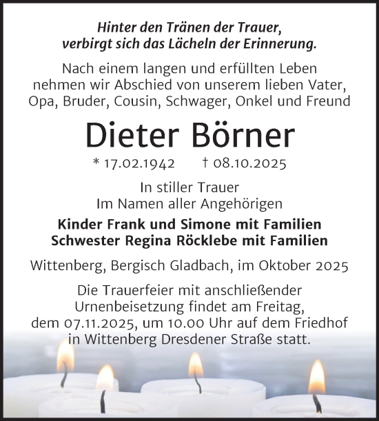 Traueranzeige von Dieter Börner von Trauerkombi Wittenberg
