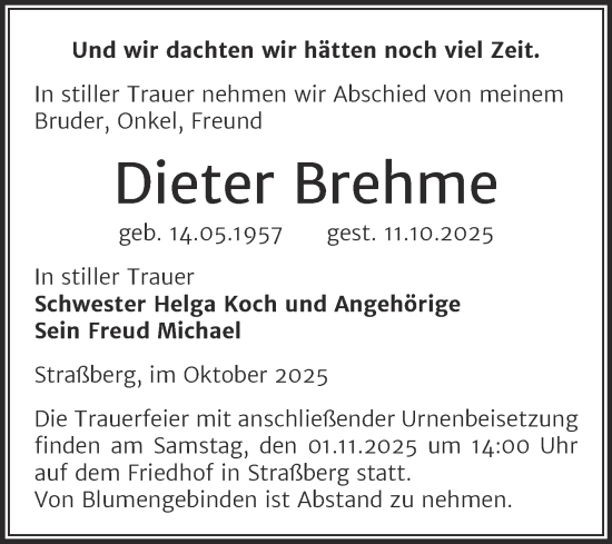 Traueranzeige von Dieter Brehme von Super Sonntag Quedlingburg