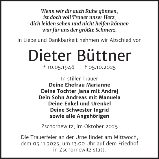 Traueranzeige von Dieter Büttner von Trauerkombi Wittenberg