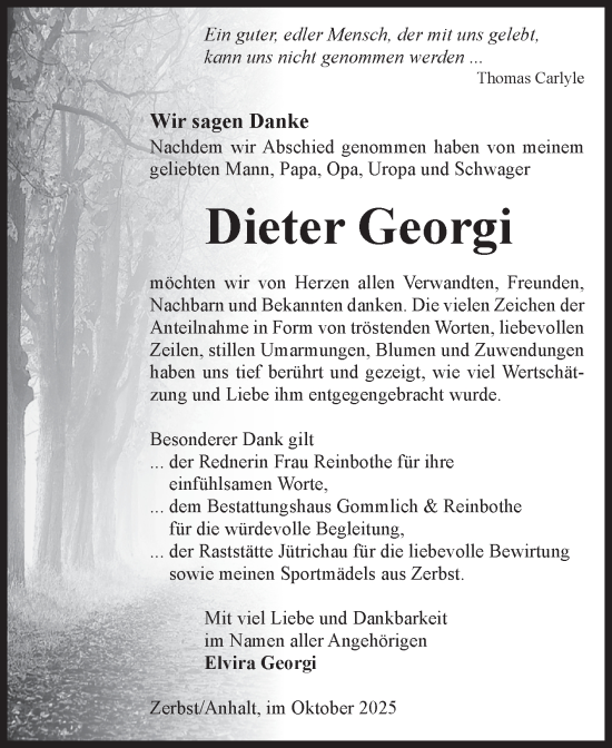 Traueranzeige von Dieter Georgi von Volksstimme Zerbst