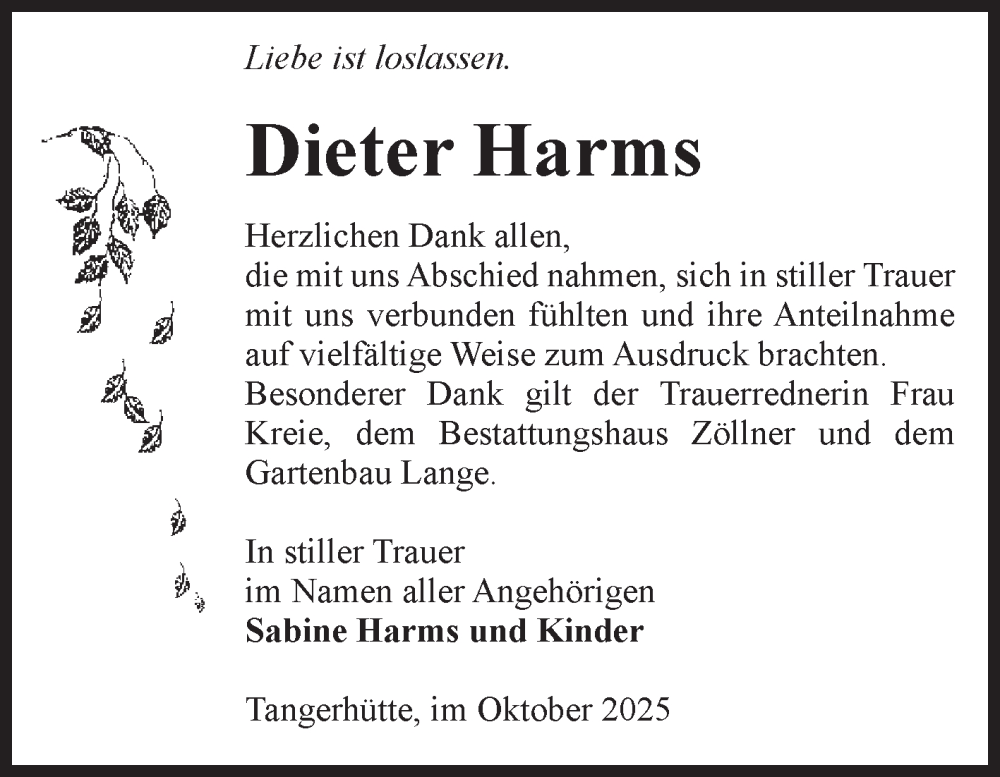  Traueranzeige für Dieter Harms vom 18.10.2025 aus Volksstimme Altmark Ost