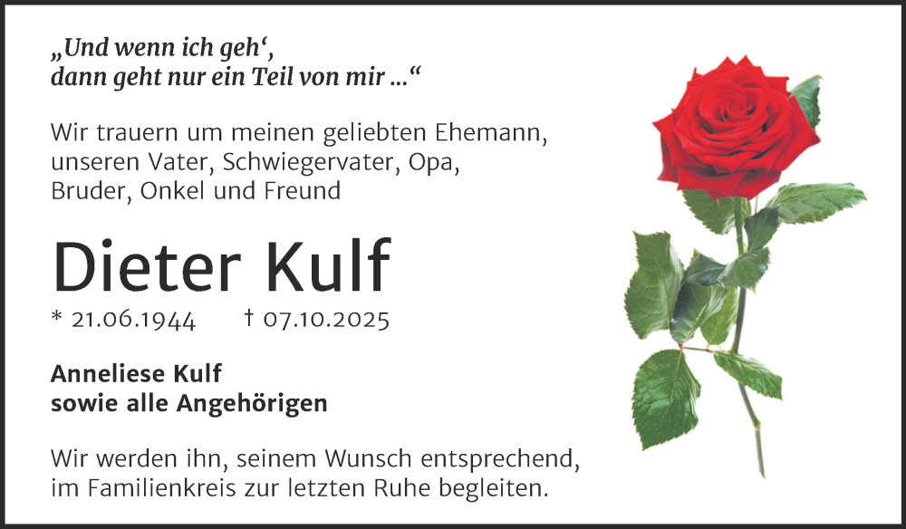  Traueranzeige für Dieter Kulf vom 18.10.2025 aus Trauerkombi Wittenberg