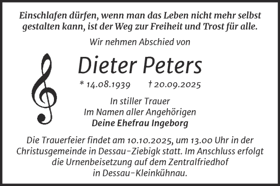 Traueranzeige von Dieter Peters von Trauerkombi Dessau
