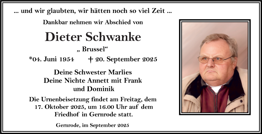  Traueranzeige für Dieter Schwanke vom 04.10.2025 aus Trauerkombi Quedlinburg