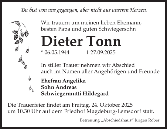 Traueranzeige von Dieter Tonn von Volksstimme Magdeburg