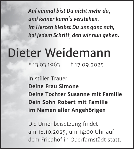 Traueranzeige von Dieter Weidemann von Trauerkombi Merseburg