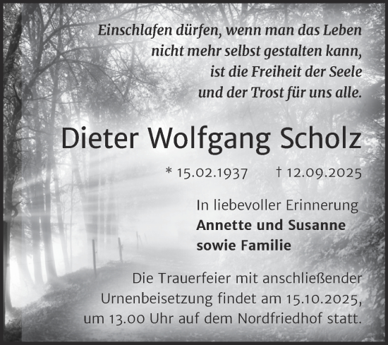 Traueranzeige von Dieter Wolfgang Scholz von Mitteldeutsche Zeitung Halle/Saalkreis
