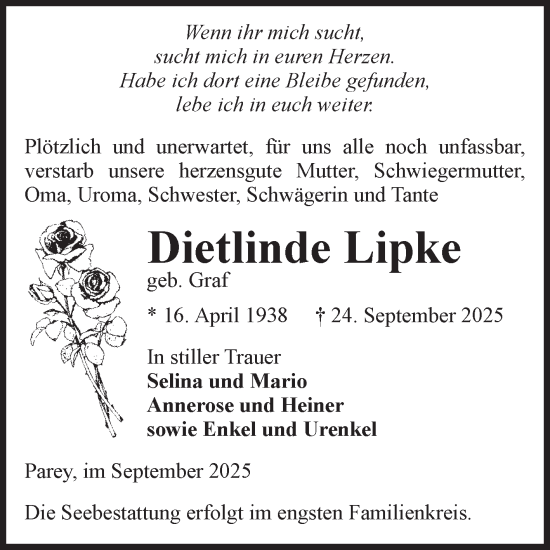 Traueranzeige von Dietlinde Lipke von Volksstimme Burg/Genthin