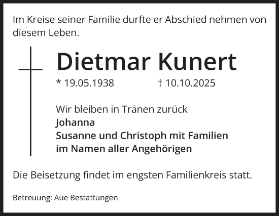 Traueranzeige von Dietmar Kunert von Volksstimme Magdeburg