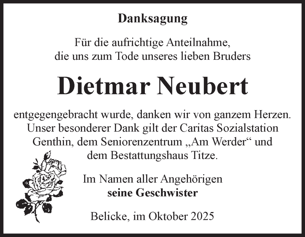  Traueranzeige für Dietmar Neubert vom 11.10.2025 aus Volksstimme Burg/Genthin