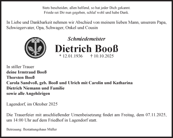 Traueranzeige von Dietrich Booß von Volksstimme Altmark West