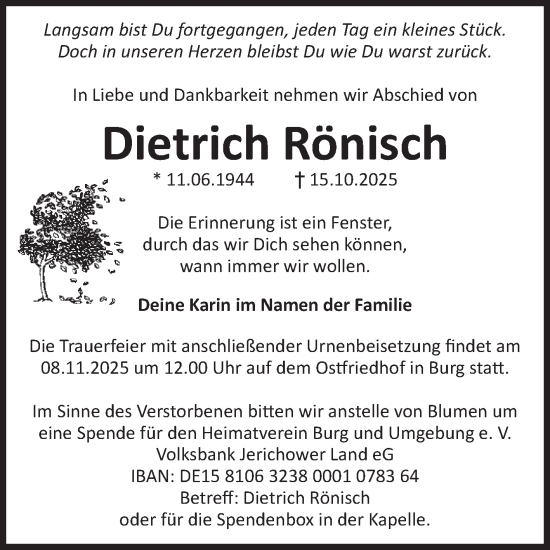 Traueranzeige von Dietrich Rönisch von Volksstimme Burg/Genthin
