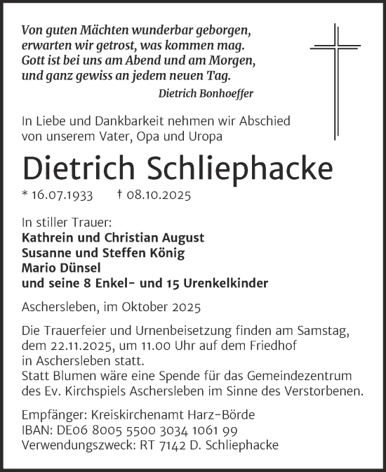 Traueranzeige von Dietrich Schliephacke von Trauerkombi Aschersleben