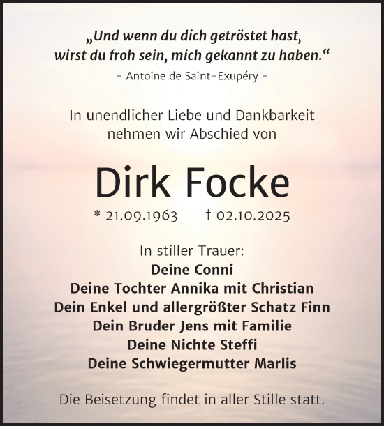 Traueranzeige von Dirk Focke von Trauerkombi Dessau