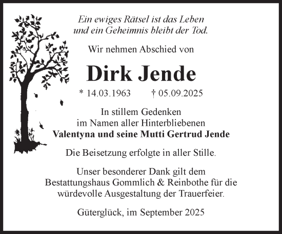 Traueranzeige von Dirk Jende von Volksstimme Zerbst