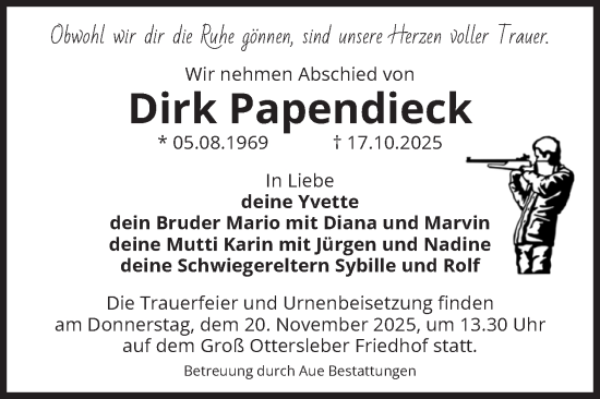 Traueranzeige von Dirk Papendieck von Volksstimme Magdeburg