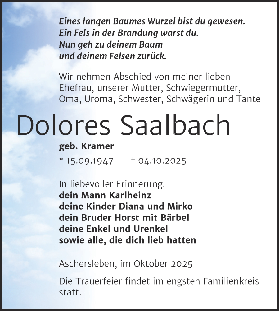  Traueranzeige für Dolores Saalbach vom 18.10.2025 aus Trauerkombi Aschersleben