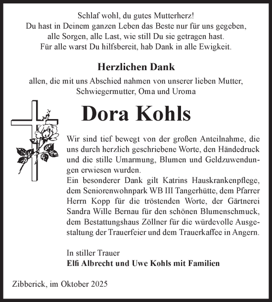 Traueranzeige von Dora Kohls von Volksstimme Altmark Ost