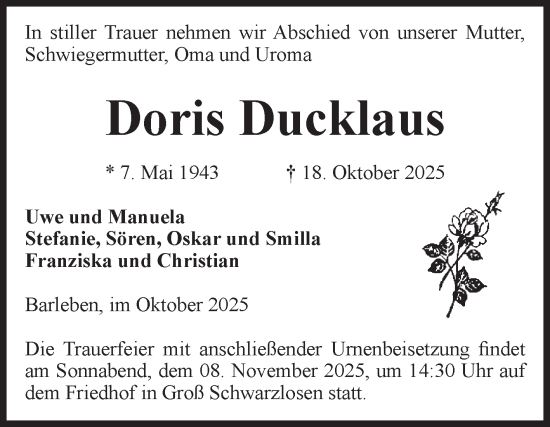 Traueranzeige von Doris Ducklaus von Volksstimme Altmark Ost