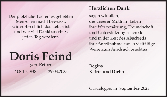 Traueranzeige von Doris Feind von Volksstimme Altmark West