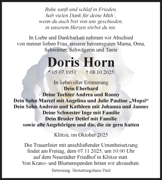 Traueranzeige von Doris Horn von Volksstimme Altmark West