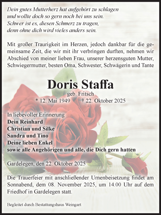 Traueranzeige von Doris Staffa von Volksstimme Altmark West