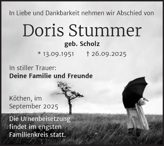 Traueranzeige von Doris Stummer von Trauerkombi Köthen